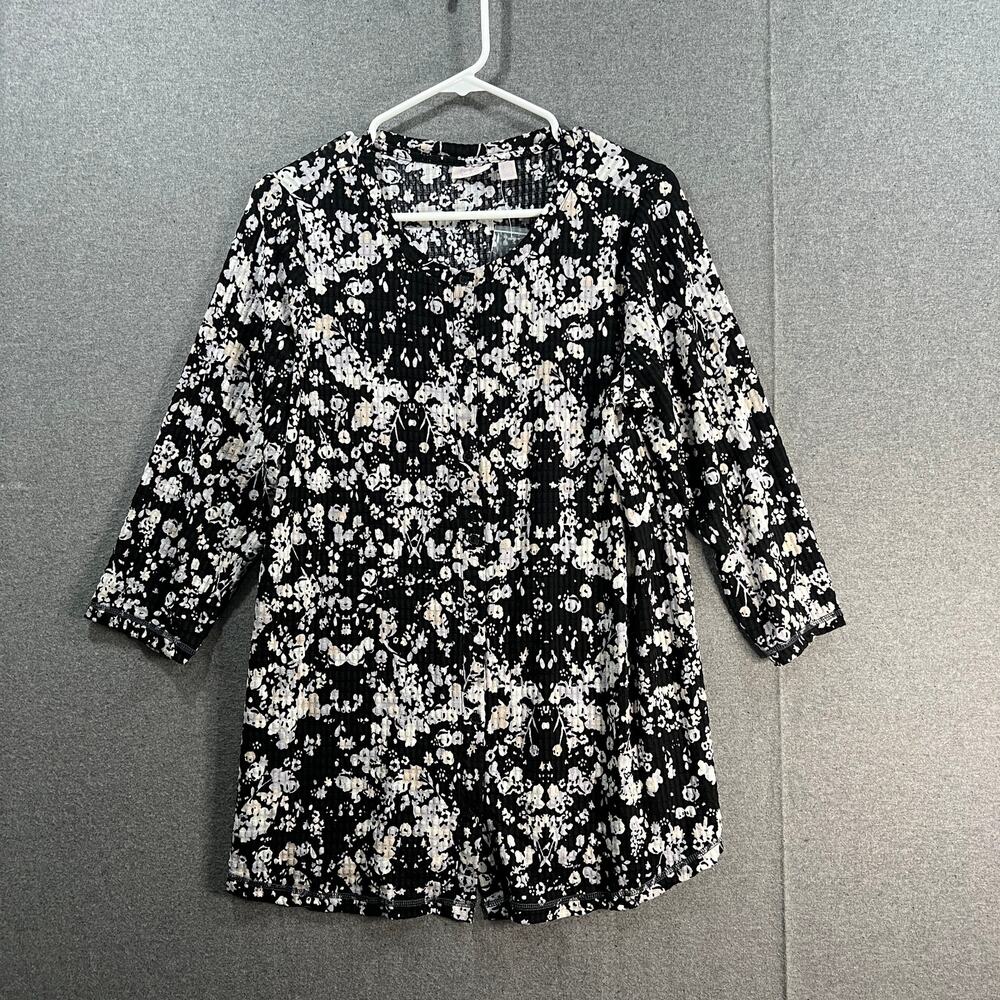 LOGO Layers by Lori Goldstein Printed Waffle Mesh Cardigan Black Size Medium